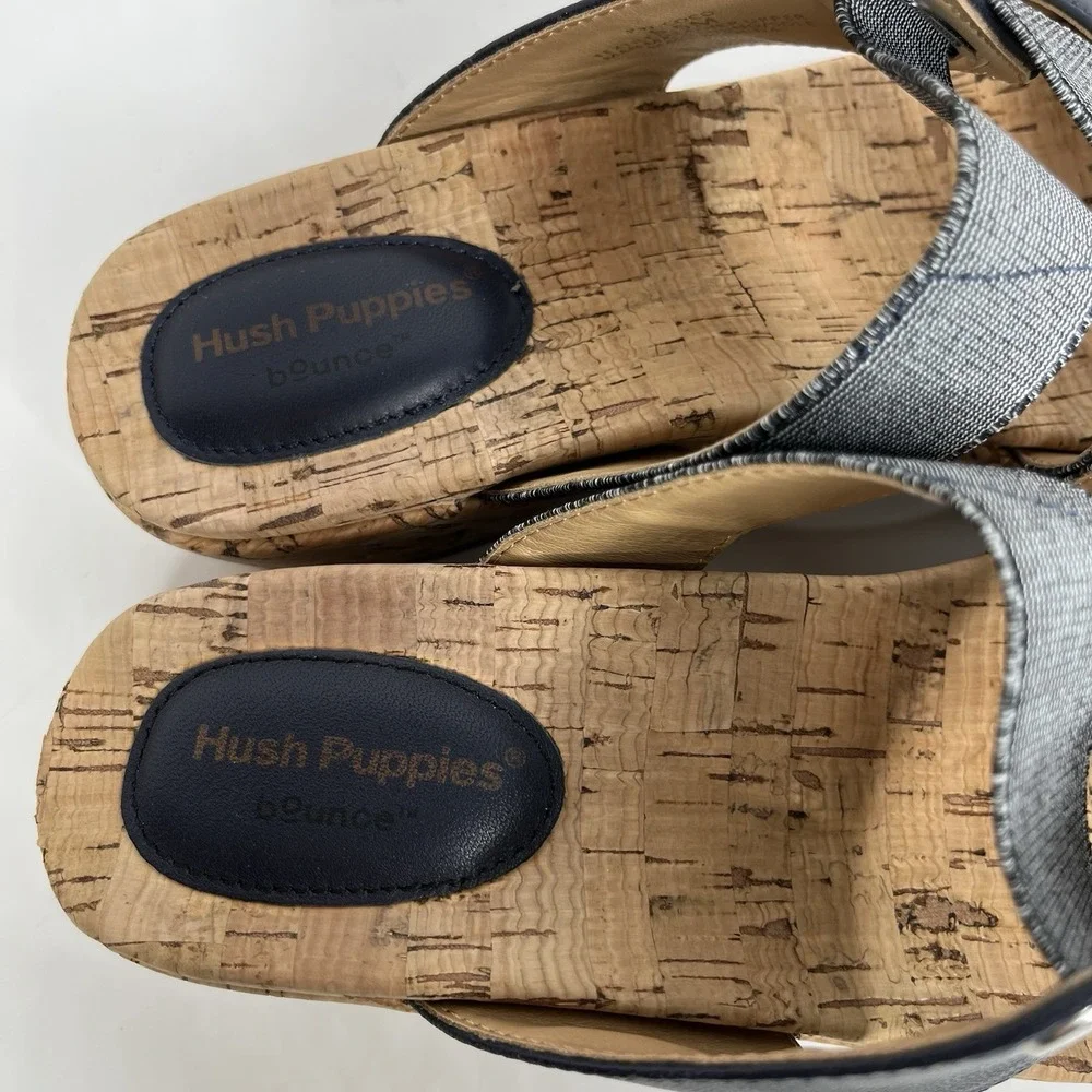 Hush Puppies Bounce Sandals Navy 6.5 M Leather Cork Wedge‎ Heel Stretch Comfort